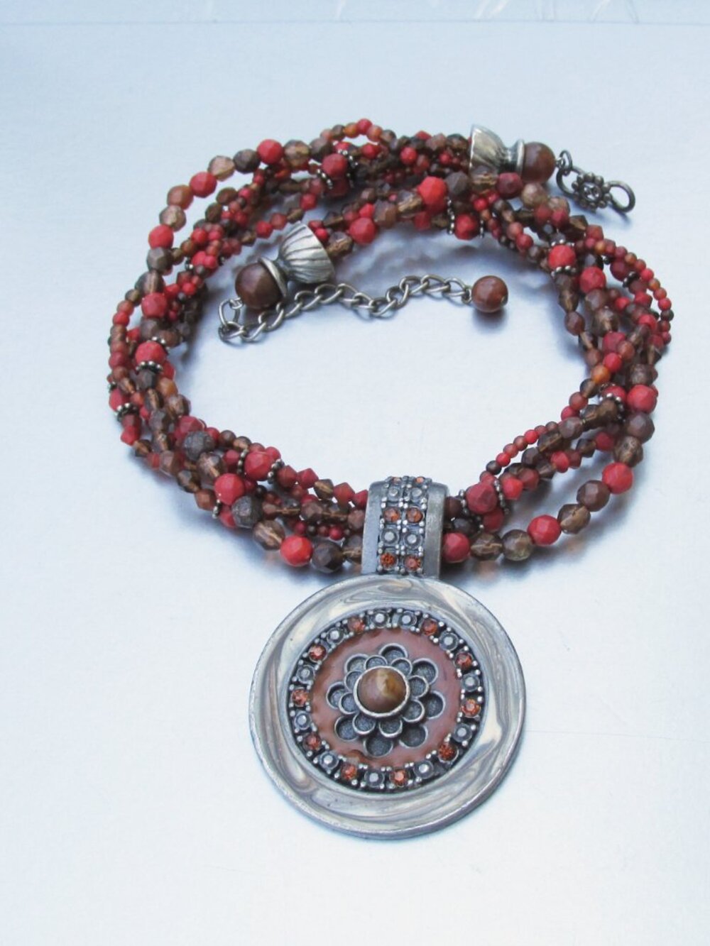 Vintage Bali Style 5 Strand Glass & Rhinestone Bead Big Pendant Necklace